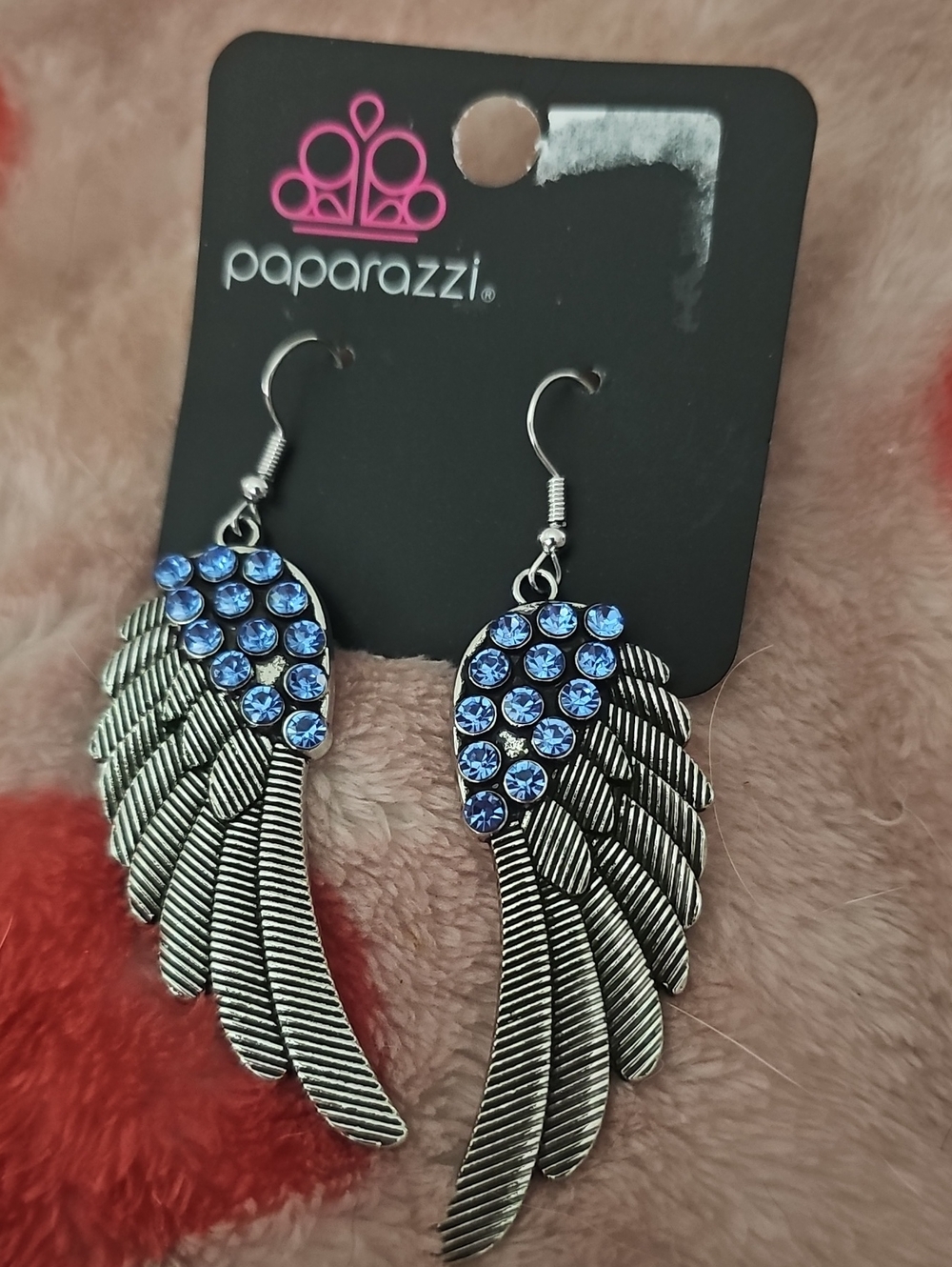 paparazzi Silver Angel Wing Earrings with Blue Crystals